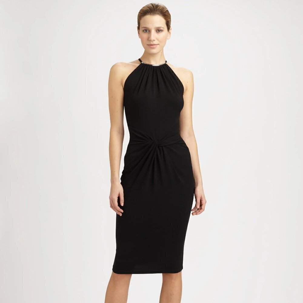 Michael Kors black halter dress with gold necklace accent
